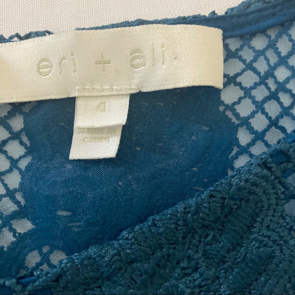 Eri + Ari Teal Chalene Lace Skater Sheer Embroidered Dress Long Sleeve - Picture 9 of 14